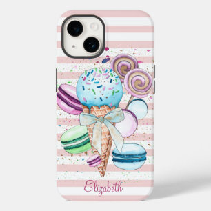 Coque Case-Mate iPhone Glace à l'aquarelle,Macarons,Rayes roses