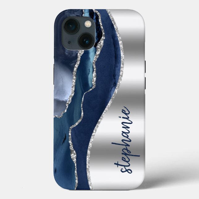 Coques Case-Mate iPhone Glam Agate Geode Métallic Argent Bleu Nom (Verso)