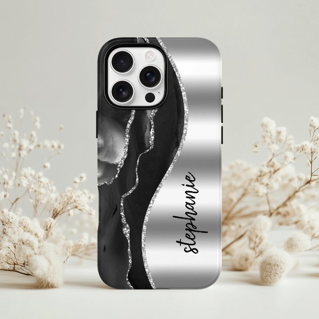 Coques Case-Mate iPhone Glam Agate Géode Métallic Argent Noir Nom (Créateur téléchargé)