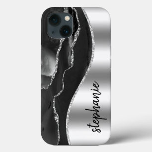 Case-Mate iPhone Case Glam Agate Géode Métallic Argent Noir Nom