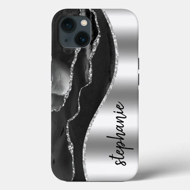Coques Case-Mate iPhone Glam Agate Géode Métallic Argent Noir Nom (Verso)