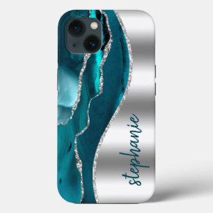 Case-Mate iPhone Case Glam Agate Géode Métallurgique Argent Nom Turquois