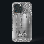 Case-Mate iPhone Case Glam Chic Silver Parties scintillant Drives Monogr<br><div class="desc">Elégante, moderne, gris argent girly parties scintillant goutte le gris métal personnalisé nom et monogrammed coque iphone. Ce design présente des gouttes brillantes de parties scintillant gris argenté sur arrière - plan en métal brossé gris avec personnalisation monogramme initial et modèle de texte de prénom. Un cadeau féminin parfait pour...</div>