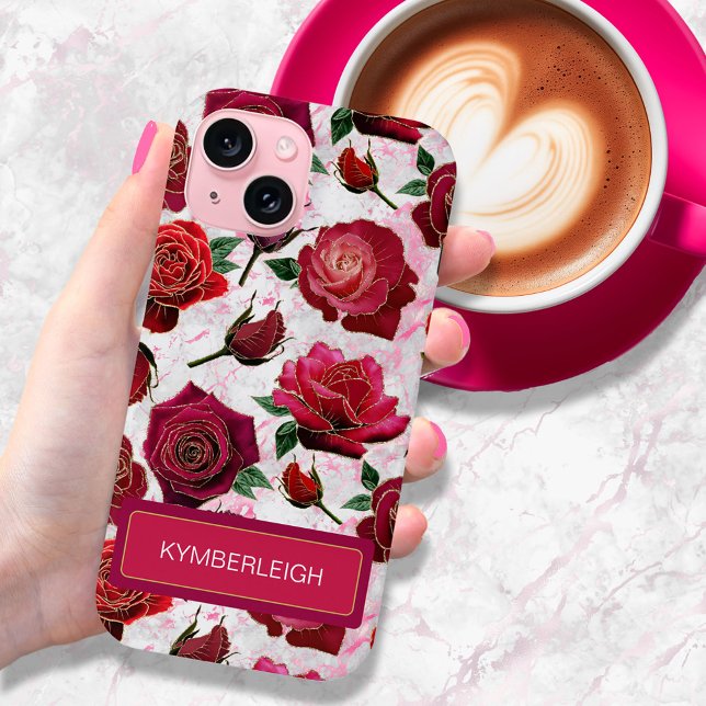 Coques Case-Mate iPhone Glam Hot rose violet Rose Marbre Nom du monogramme (Créateur téléchargé)