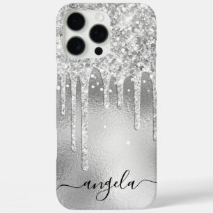 Coque iPhone 16 Pro Max Glam Signature gouttes de paillettes argentées