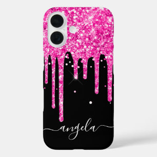 Coque Pour iPhone 16 Glamour Noir Paillettes Rose Chaud Signature