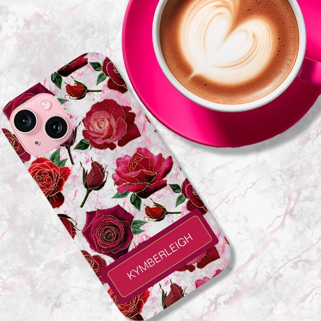 Coques Case-Mate iPhone Glamour Rose Monogramme Nom en Marbre Rose Chaud V (Créateur téléchargé)