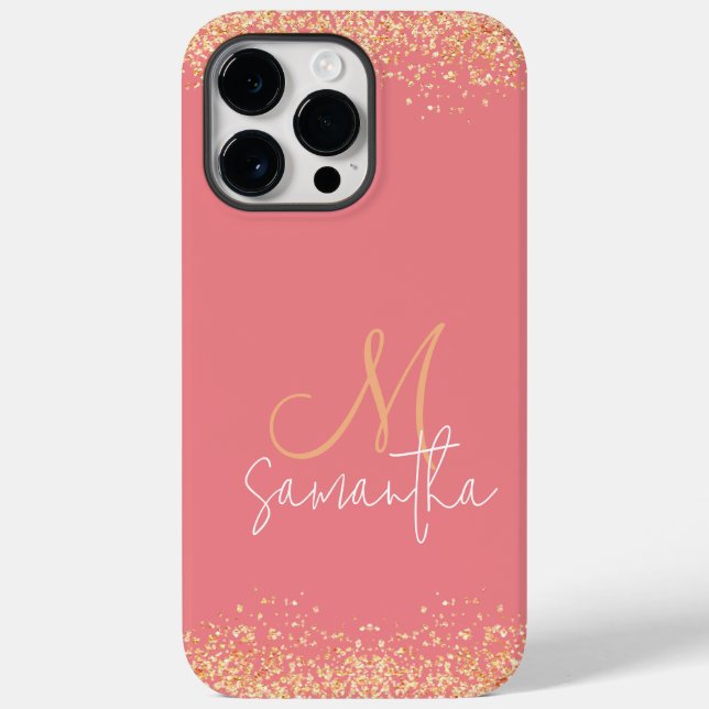 Coques Case-Mate iPhone Glamour Rose Pailleté Monogramme Or et Rose (Verso)