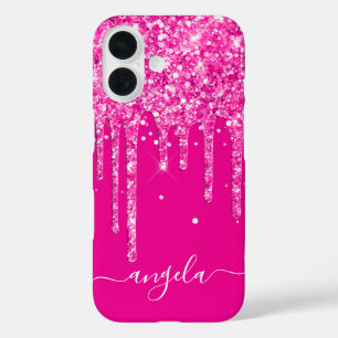 Coque Pour iPhone 16 Glamour Signature gouttes de paillettes rose chaud