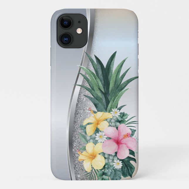 Coques Case-Mate iPhone Glitter argenté cool Ananas Fleurs tropicales (Dos)