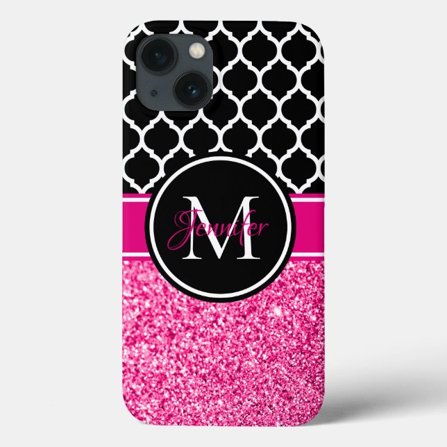 Coques Case-Mate iPhone Glitter Rose Chaud Monogramme Treillis Noir et Bla (Verso)