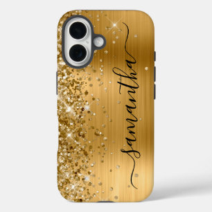 Coque Pour iPhone 16 Glittery Gold Metallic Girl Signature