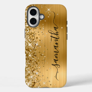 Coque Pour iPhone 16 Plus Glittery Gold Metallic Girl Signature noire