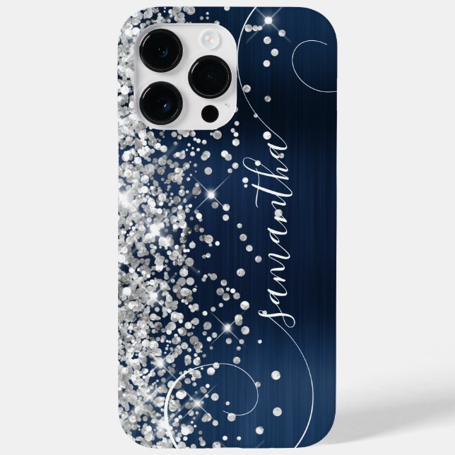 Coques Case-Mate iPhone Glittery Silver Navy Blue Glam Curly Signature (Verso)