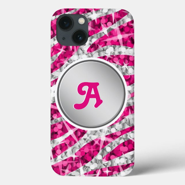 Coques Case-Mate iPhone Glitz Zebra Pink imprimé monogramme argent (Verso)