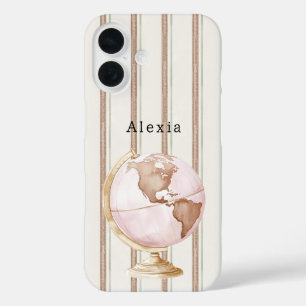 Coque Pour iPhone 16 Globe Monde Rayures Marron