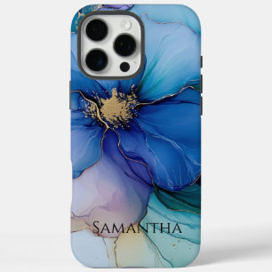 Coque iPhone 16 Pro Max Gold Blue Aqua Purple Flower