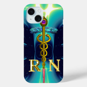 Coque Pour iPhone 15 GOLD CADUCEUS SYMBOLE INFIRMIER INSCRIT Aqua Blue