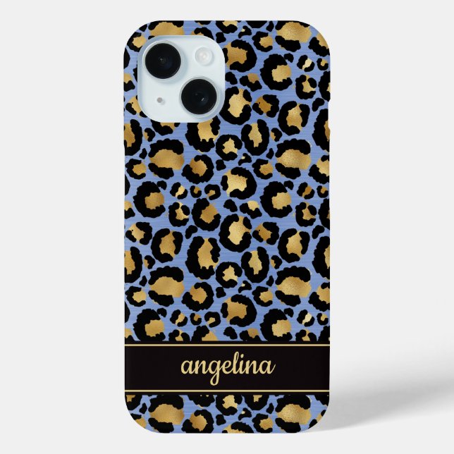 Coques Case-Mate iPhone Gold Foil On Blue Leopard Print Monogrammed (Verso)
