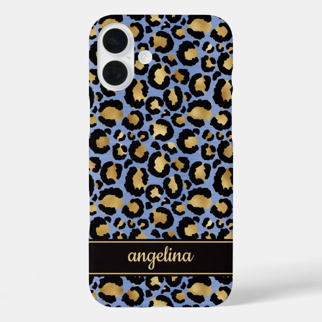 Coques Case-Mate iPhone Gold Foil On Blue Leopard Print Monogrammed (Verso)