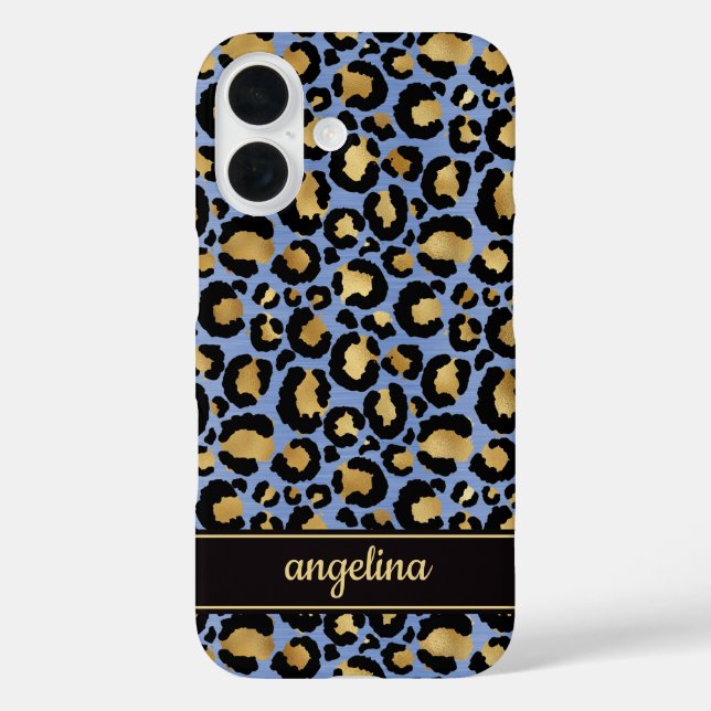 Coques Case-Mate iPhone Gold Foil On Blue Leopard Print Monogrammed (Verso)