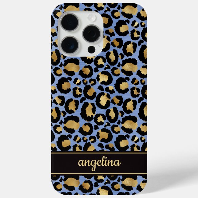 Coques Case-Mate iPhone Gold Foil On Blue Leopard Print Monogrammed (Verso)