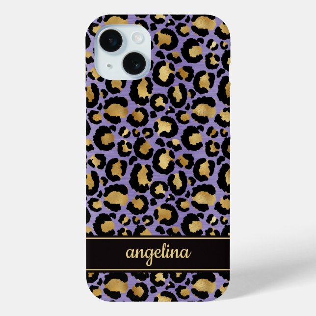 Coques Case-Mate iPhone Gold Foil On Purple Leopard Print Monogrammed (Verso)