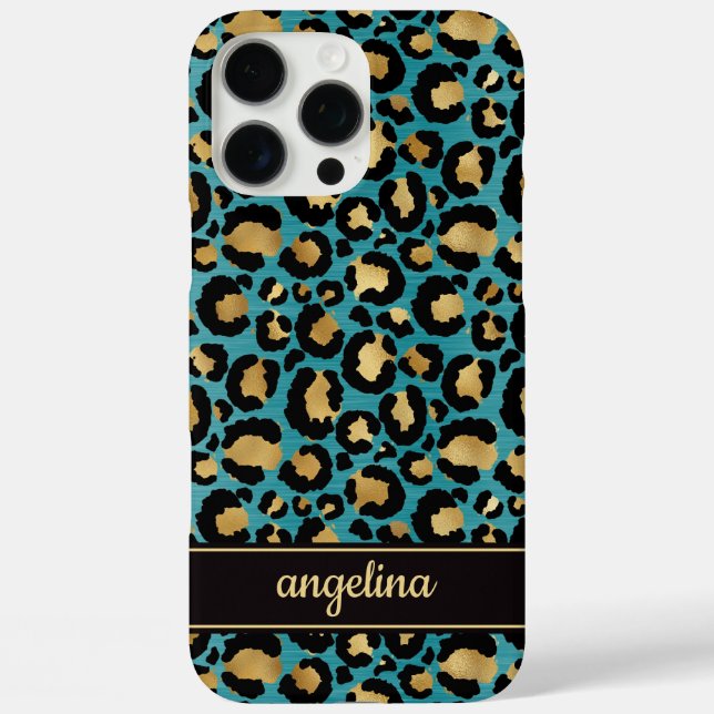 Coques Case-Mate iPhone Gold Foil On Teal Leopard Print Monogrammed (Verso)