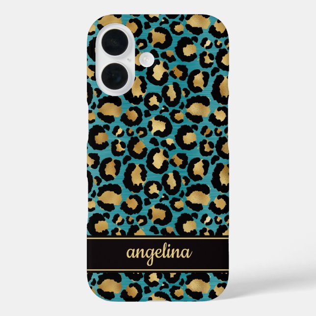 Coques Case-Mate iPhone Gold Foil On Teal Leopard Print Monogrammed (Verso)