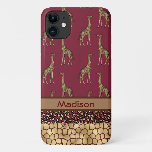 Coques Case-Mate iPhone Gold Giraffe élégant Bourgogne Nom Chic Jungle (Dos)