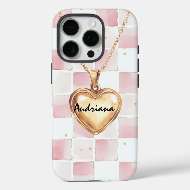 Coques Case-Mate iPhone Gold Heart Necklace Pink White Squares (Verso)