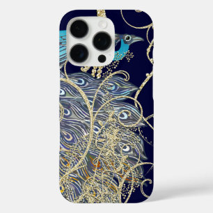 Coque iPhone 16 Pro Gold Navy Black Peacock Gold Swirl