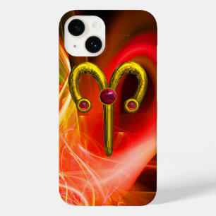 Coque Pour iPhone 14 GOLD ZODIAC SIGNES ARIES, Rouges Jaunes Fractales