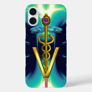 Coques iPhone 16 Plus GOLDEN CADUCEUS VETERINARY SYMBOLE / Teal Blue