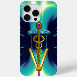 Coque iPhone 15 Pro Max GOLDEN CADUCEUS VETERINARY SYMBOLE / Teal Blue