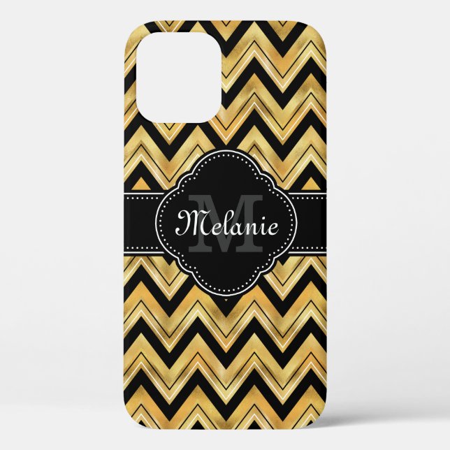 Coques Case-Mate iPhone Golden Chevron Motif Noir Blanc Monogramme (Verso)
