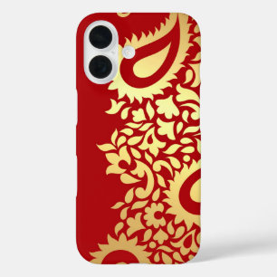 Coque Pour iPhone 16 Golden Red Paisleys Indian