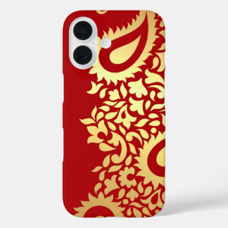Coque Pour iPhone 16 Golden Red Paisleys Indian