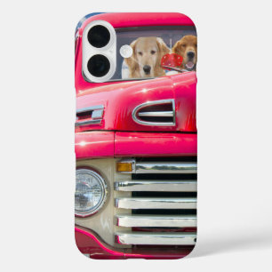 Coques iPhone 16 golden retriever dans camion rétro rouge