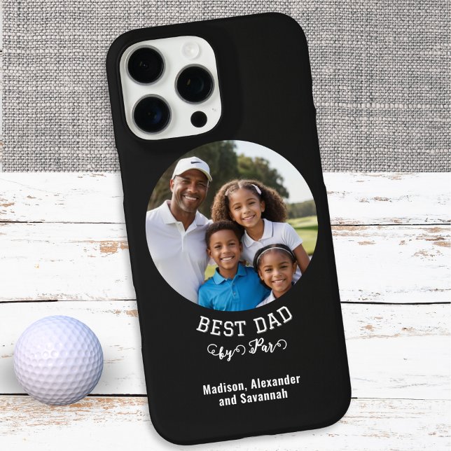 Coques Case-Mate iPhone Golf Thème Meilleur papa Par Par Photo Fête des pè (A stylish black phone case with golf-themed 'Best Dad by Par' caption, plus custom photo and text)