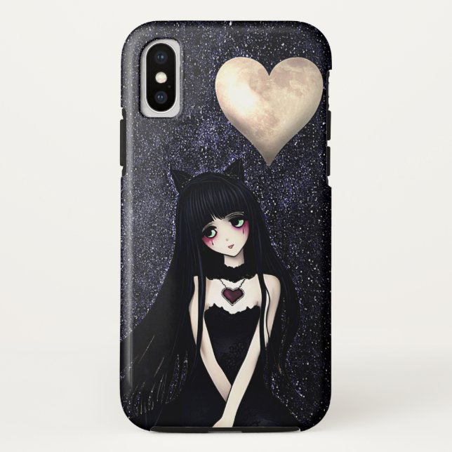 Coques Case-Mate iPhone Goth Chat Girl sous la Lune du Coeur (Dos)