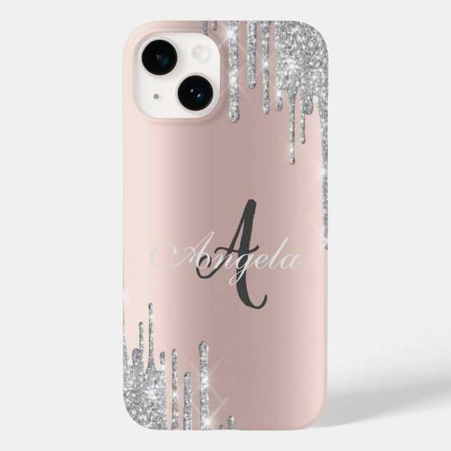 Coques Case-Mate iPhone Gouttes de paillettes argentées modernes, Or rose, (Verso)