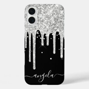 Coque Pour iPhone 16 Plus Gouttes de paillettes argentées Signature Black Gl