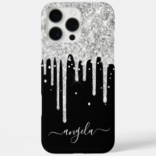 Coque iPhone 16 Pro Max Gouttes de paillettes argentées Signature Black Gl