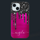 Coque Case-Mate iPhone Gouttes de paillettes noires Glam Signature rose c<br><div class="desc">Faux gouttes de paillettes noires scintillantes sur feuille de métal brossé rose chaud. La signature moderne et girly présente une élégante police de calligraphie blanche avec des queues décoratives. Personnalisez les styles de police pour créer vos propres accessoires de téléphone. Un joli cadeau de remerciement pour une demoiselle d'honneur dans...</div>