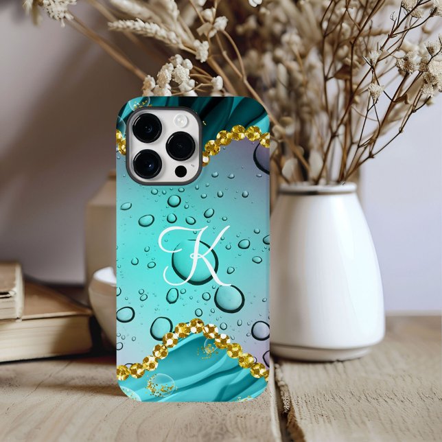 Coques Case-Mate iPhone Gouttes de pluie fantaisie Monogram sarcelle feuil (Créateur téléchargé)