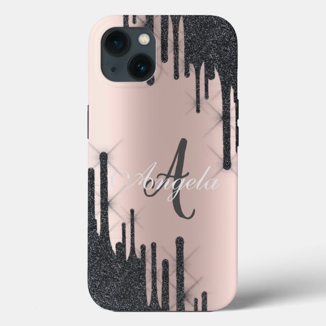 Coques Case-Mate iPhone Gouttes de vernis noir moderne, Or rose, Monogramm (Verso)