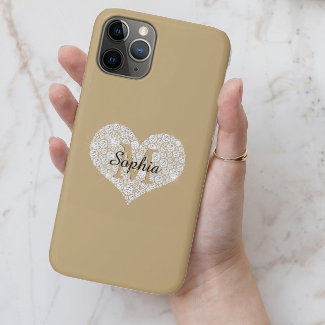 Coques Case-Mate iPhone Grand Cœur Diamant, Monogramme Or, Nom en Script (Créateur téléchargé)