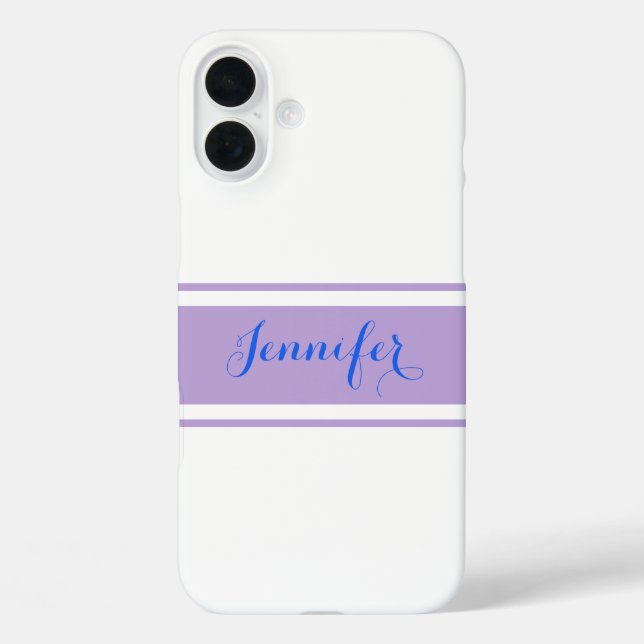 Coques Case-Mate iPhone Grand nom de script bleu, Lavender Strips sur blan (Verso)