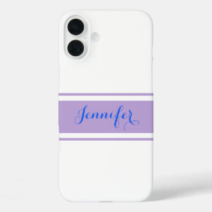 Coque Pour iPhone 16 Plus Grand nom en écriture bleue, rayures lavande sur f